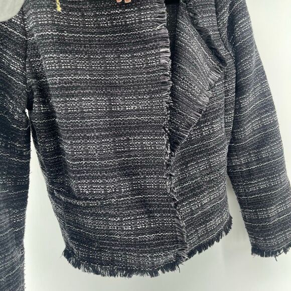 Adrienne Vittadini Women’s Medium Black White Open Front Tweed Fringe Blazer - Picture 10 of 14